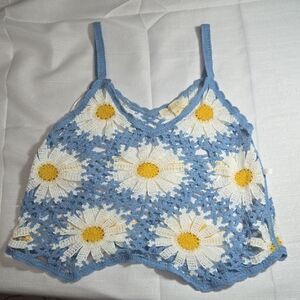 Rebellion Again Blue and White Daisy Crochet Crop Medium Top
